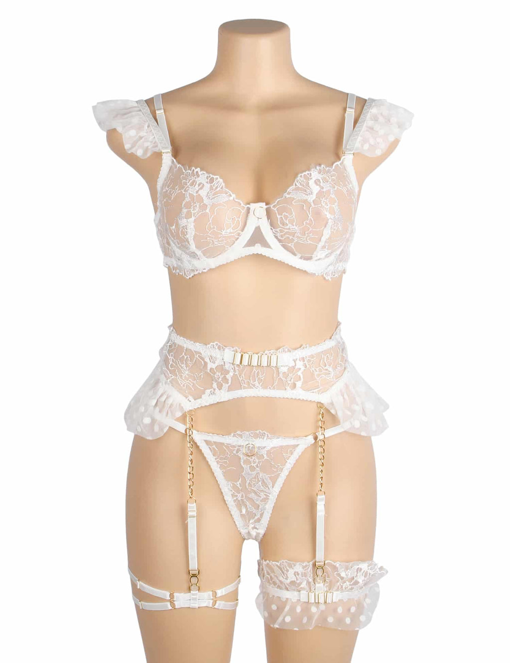 White lace lingerie set with underwired bra, embroidered mesh, adjustable straps, waist cincher, suspenders, and leg straps