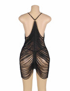 Back view of black tassel babydoll dress with open back design, asymmetrical fringe, and adjustable straps