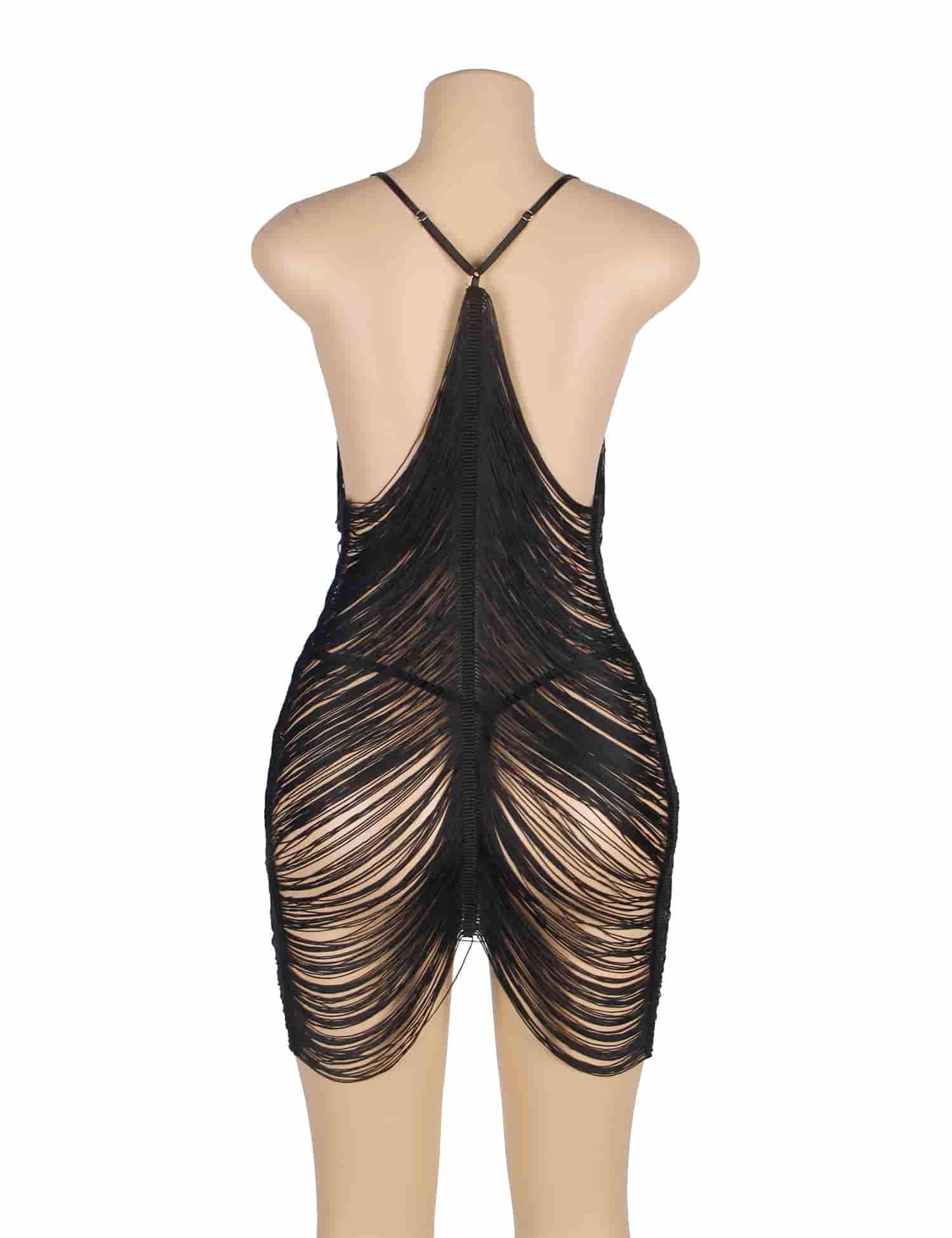 Back view of black tassel babydoll dress with open back design, asymmetrical fringe, and adjustable straps
