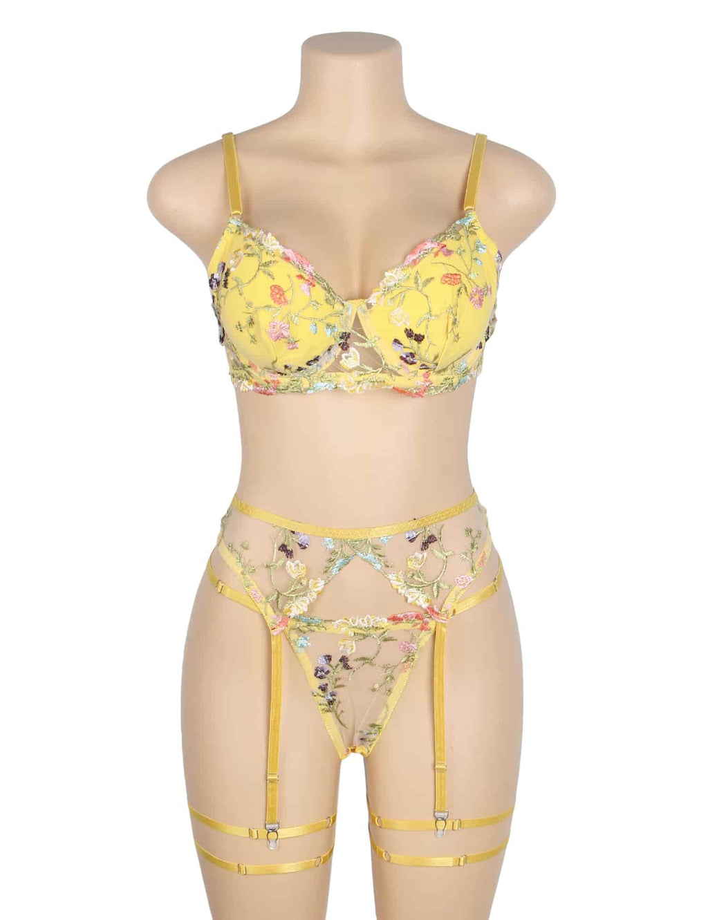 Canary yellow floral embroidered lingerie set with underwire bra, adjustable straps, sheer mesh, garters, and leg loops