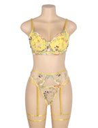 Canary yellow floral embroidered lingerie set with underwire bra, adjustable straps, sheer mesh, garters, and leg loops