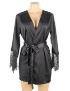 Black satin lace robe with deep V neckline, tie waist, and eyelash lace trim at sleeves and hem.