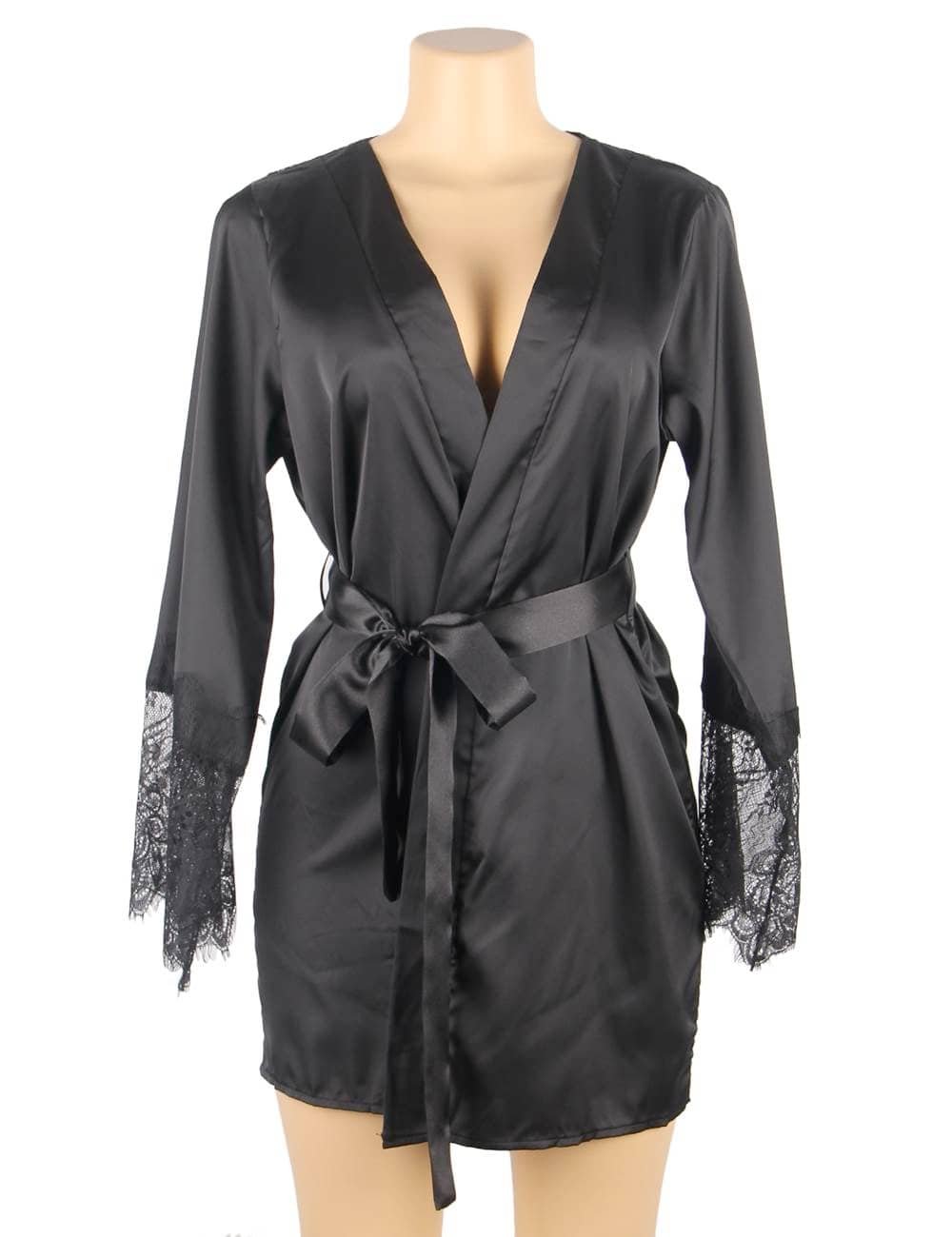 Black satin lace robe with deep V neckline, tie waist, and eyelash lace trim at sleeves and hem.