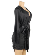 Side view of black satin lace robe showing wrap silhouette, adjustable waist tie, and lace-trimmed sleeves.