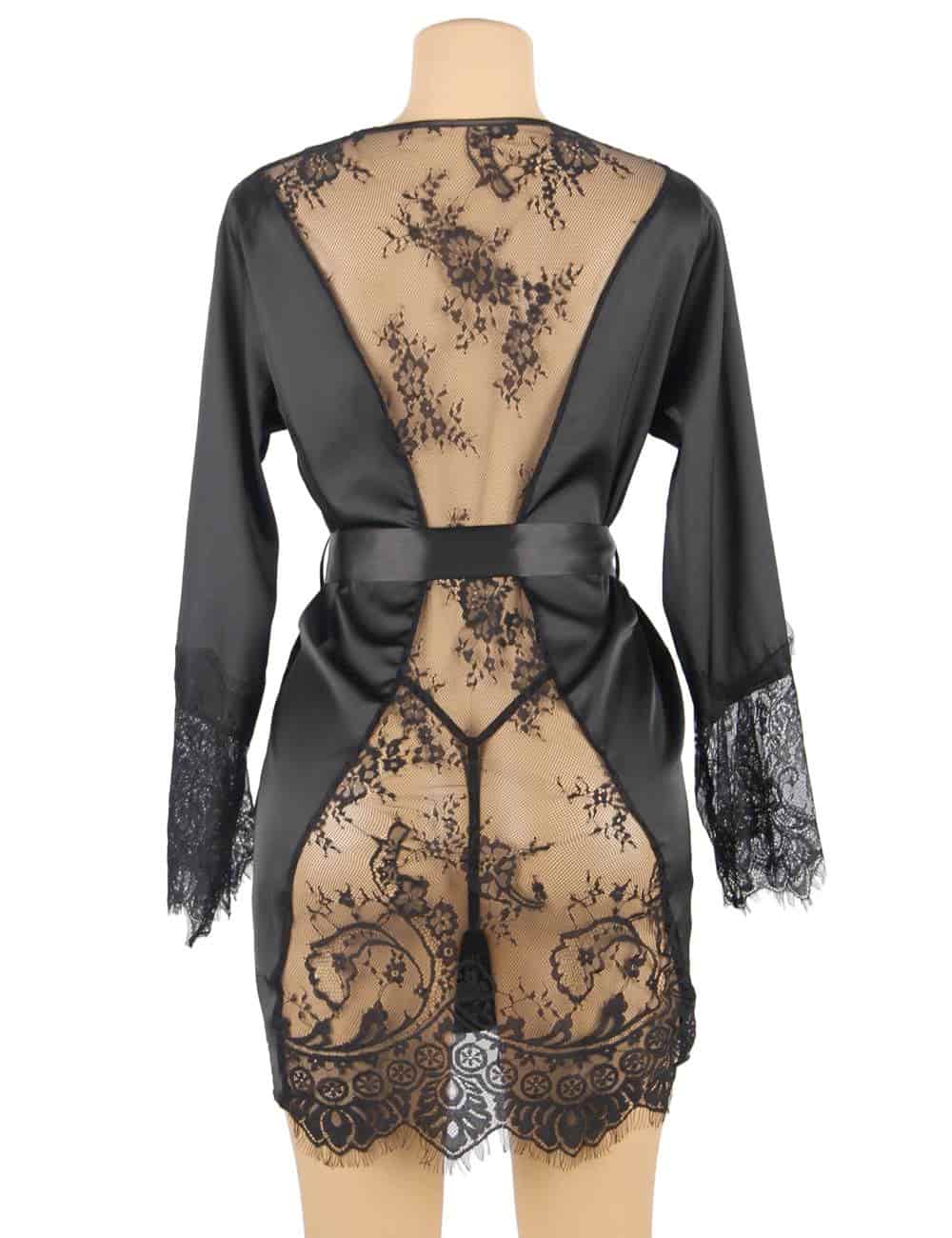 Back view of black satin robe featuring sheer lace panel, open-back detail, and scalloped lace hem.