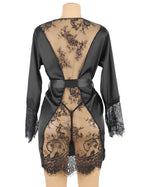 Back view of black satin robe featuring sheer lace panel, open-back detail, and scalloped lace hem.