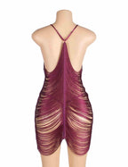 Back view of burgundy tassel babydoll dress with open back design, asymmetrical fringe, and adjustable straps