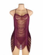 Burgundy tassel babydoll dress with asymmetrical fringe design, sheer cutouts, and adjustable spaghetti straps