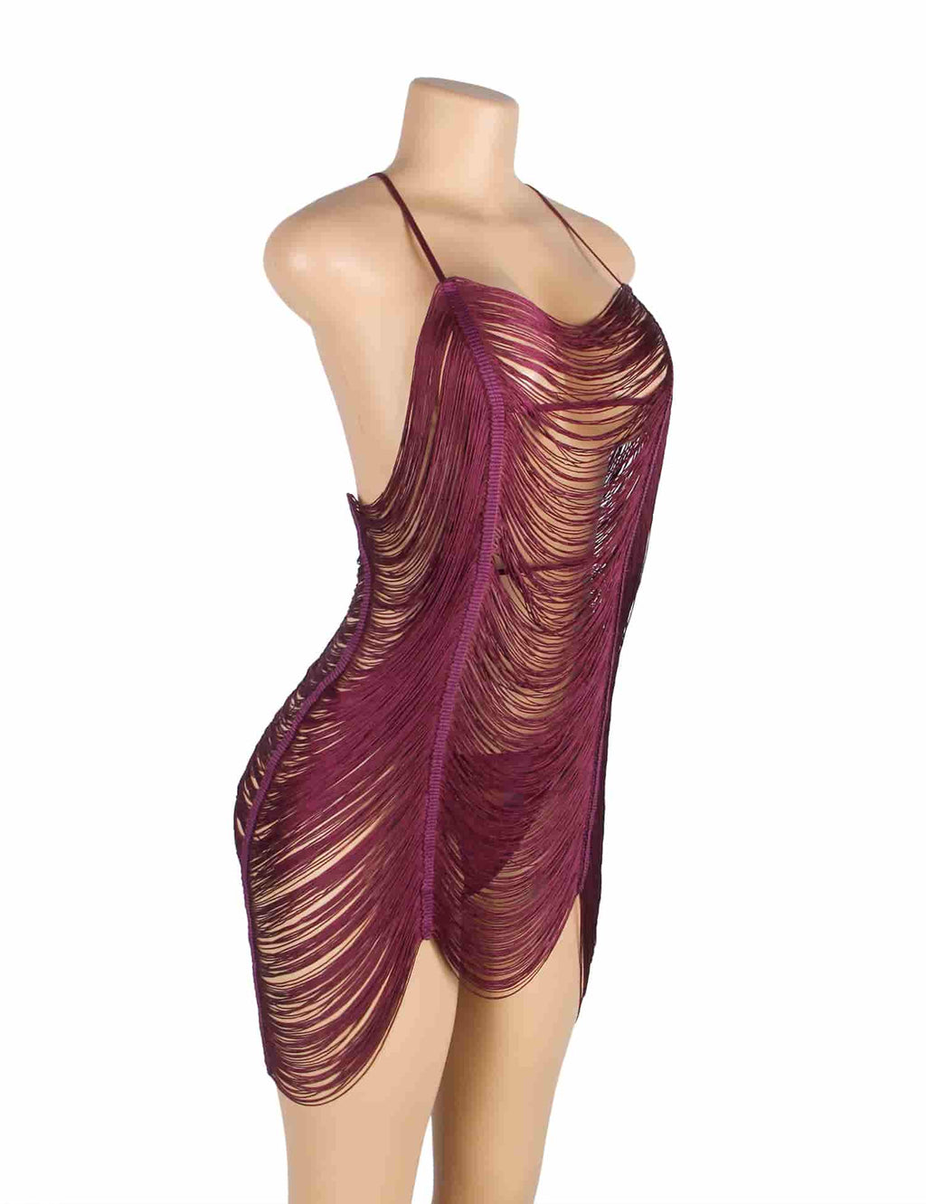 Angled view of burgundy tassel lingerie dress with layered fringe detailing, low-cut neckline, and fluid silhouette