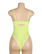 Back view of neon green lace bodysuit with open back design, adjustable straps, and snap closure for easy wear