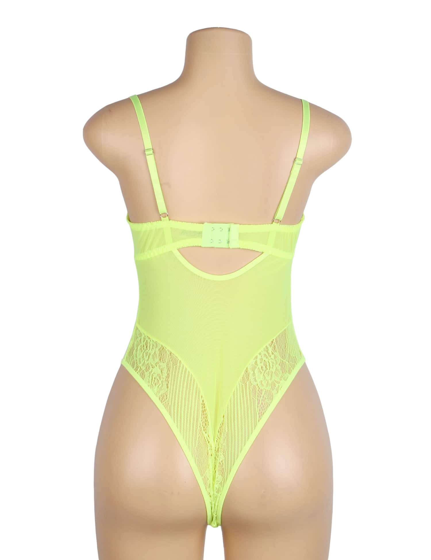 Back view of neon green lace bodysuit with open back design, adjustable straps, and snap closure for easy wear