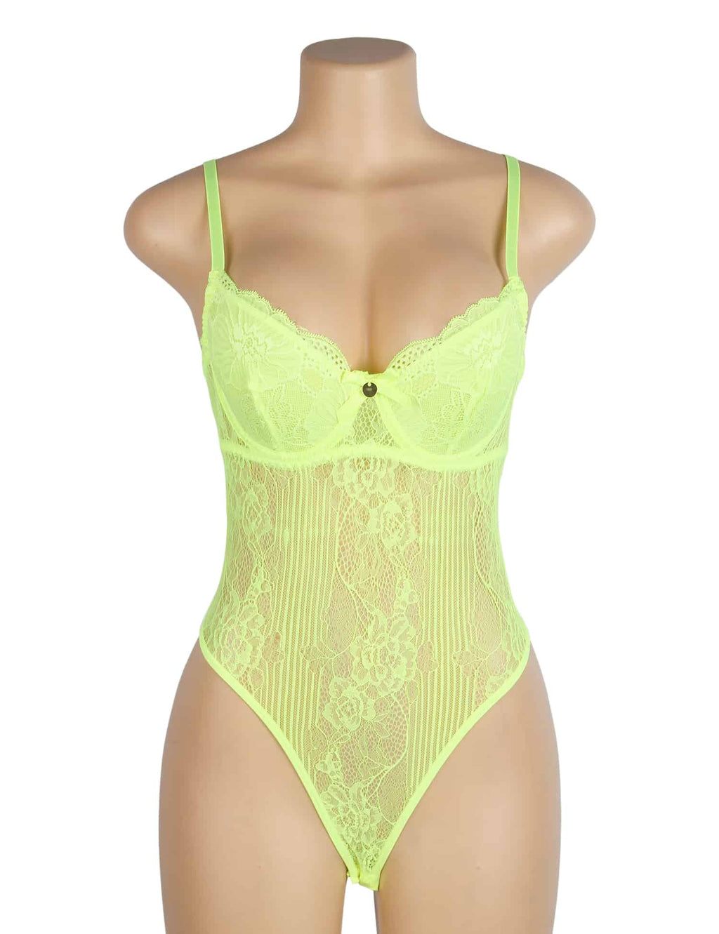 Neon green floral lace bodysuit with underwire bust, sheer mesh, adjustable straps, and sculpted fit
