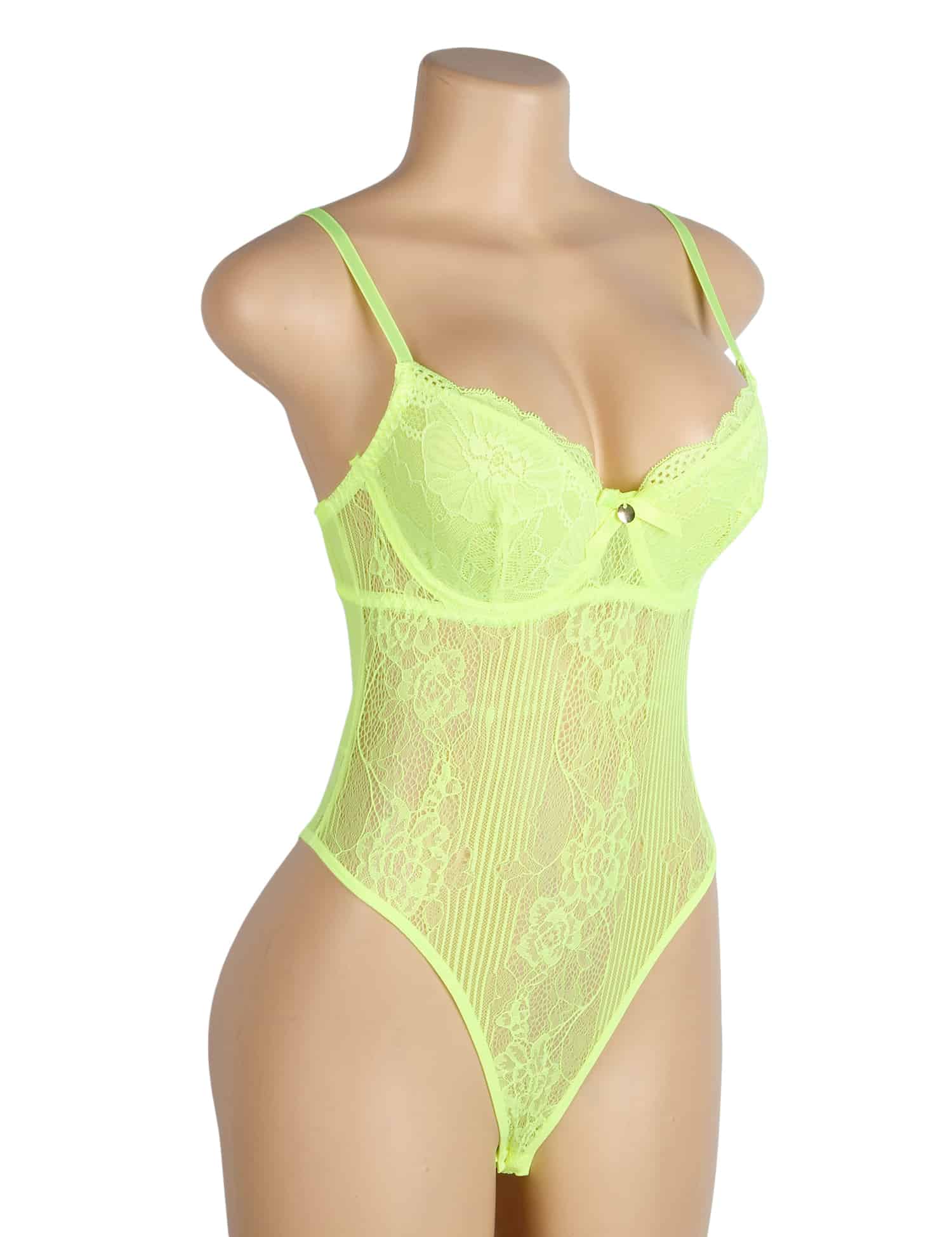 Angled view of neon green lace bodysuit with underwire support, sheer mesh panels, and curve-hugging shape