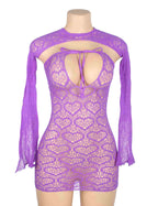 Front of purple heart bodystocking stripper outfit on a mannequin