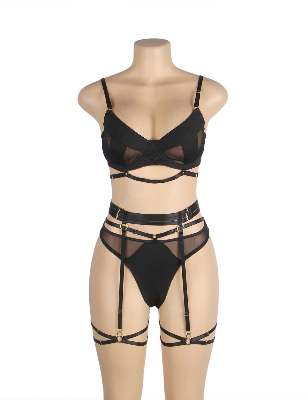 Black mesh and milk silk lingerie set with underwire bra, adjustable bust, metal rings, garter straps, and leg rings