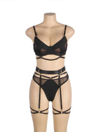 Black mesh and milk silk lingerie set with underwire bra, adjustable bust, metal rings, garter straps, and leg rings