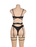 Back view of black mesh milk silk lingerie set with adjustable straps, back hook closure, waist cincher, garters