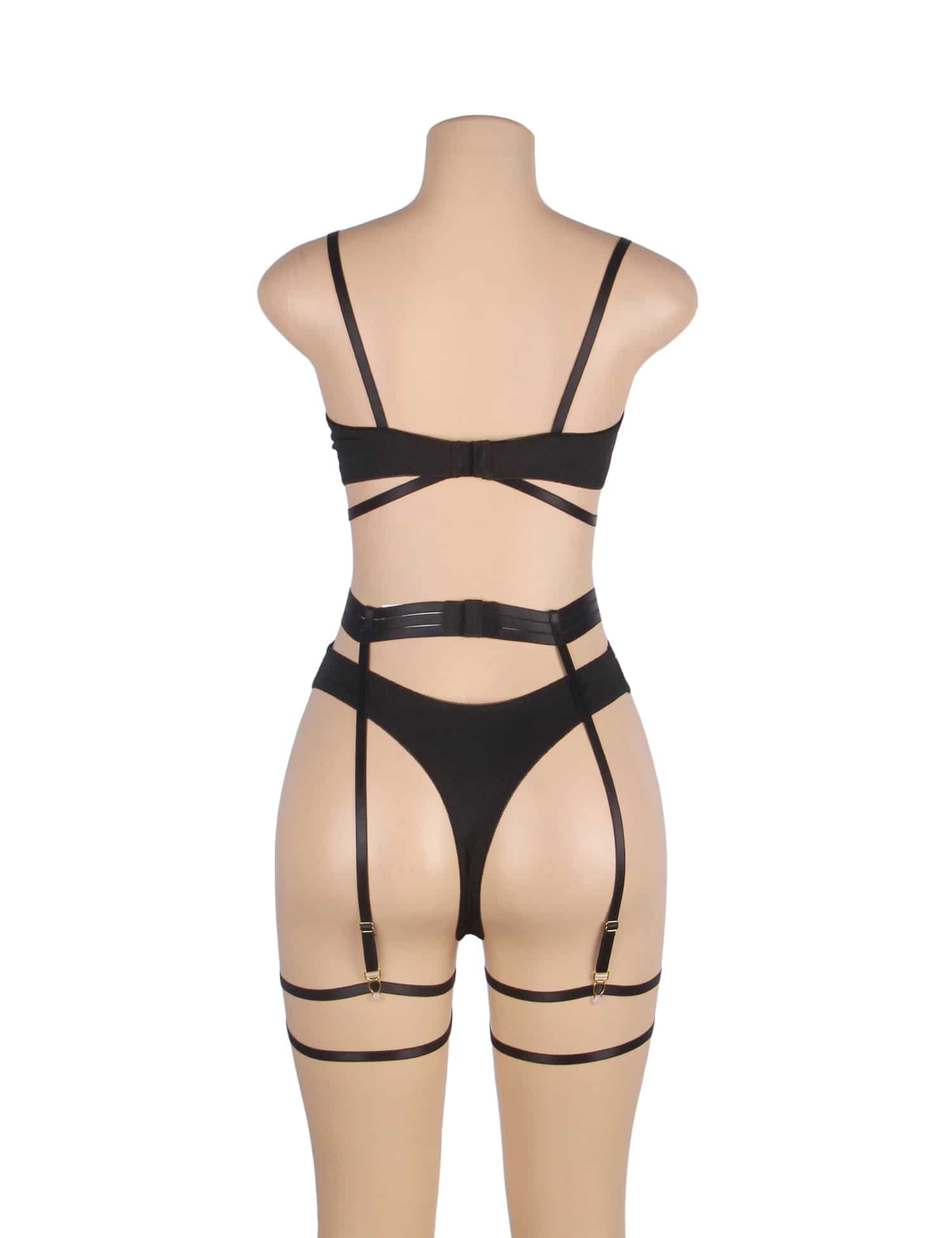 Back view of black mesh milk silk lingerie set with adjustable straps, back hook closure, waist cincher, garters