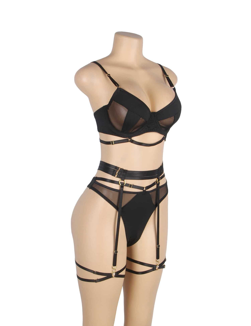 Angled view of black mesh lingerie set with underwire bra, adjustable waist cincher, metal ring details, garters