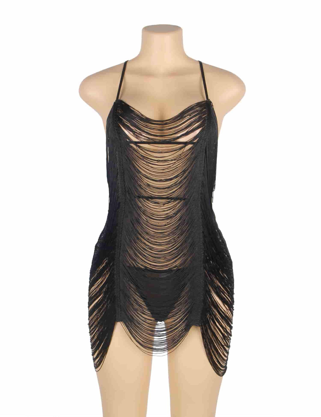 Black tassel babydoll dress with asymmetrical fringe design, sheer cutouts, and adjustable spaghetti straps