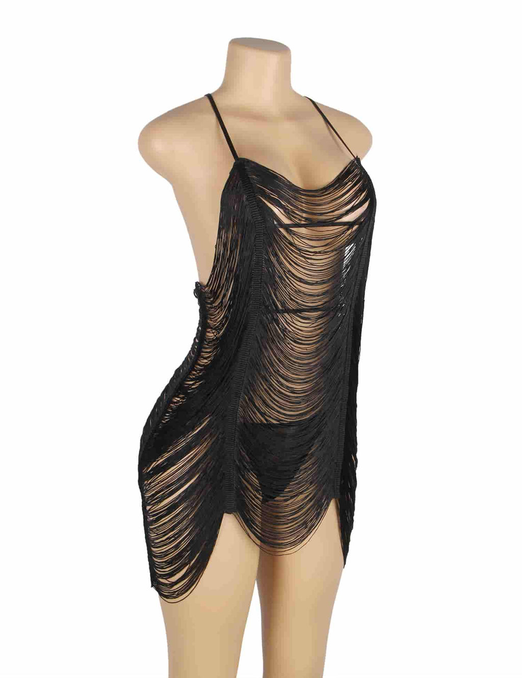 Angled view of black tassel lingerie dress with layered fringe detailing, low-cut neckline, and fluid silhouette