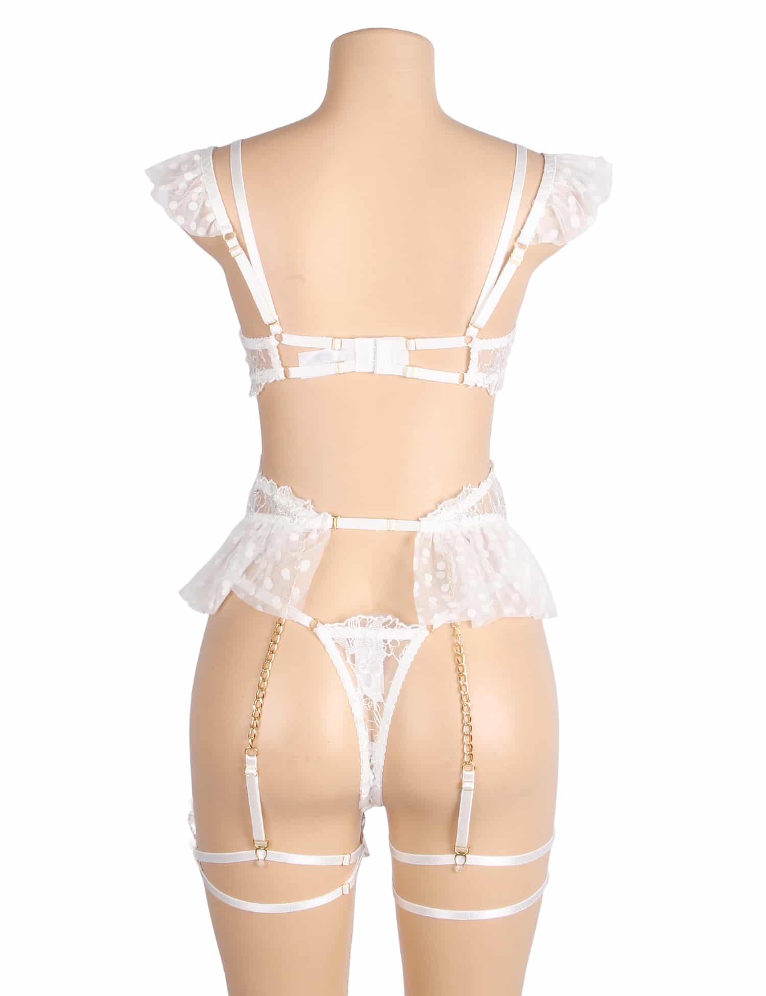 Back view of white lace suspender lingerie with adjustable hook closures, waist cincher, suspenders, and leg straps