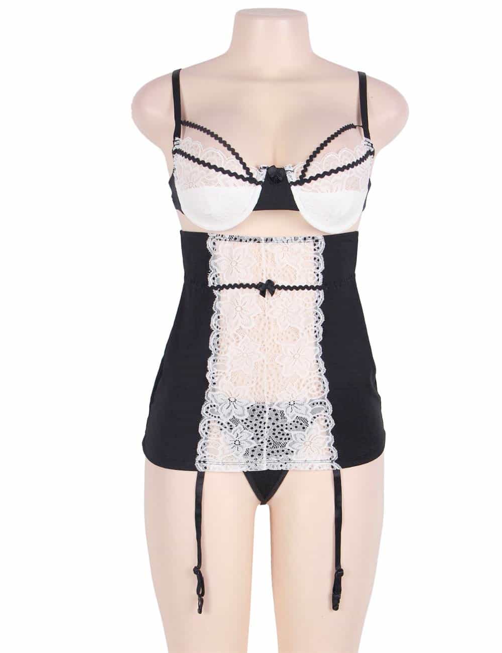Black and white French maid lingerie with underwire bra, lace center panel, garter skirt, adjustable straps, and thong