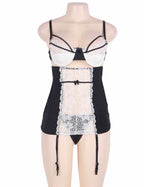 Black and white French maid lingerie with underwire bra, lace center panel, garter skirt, adjustable straps, and thong