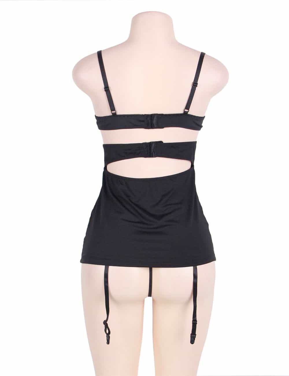 Back view of black French maid lingerie with adjustable straps, hook closure, garter straps, and fitted skirt
