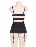 Back view of black French maid lingerie with adjustable straps, hook closure, garter straps, and fitted skirt