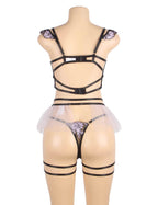 Back view of purple embroidered garter lingerie with hook-and-eye closure, double straps, adjustable waist, and mesh ruffles