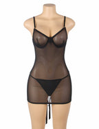 Black mesh corset mini dress with underwire bust, adjustable straps, sheer fabric, and curve-hugging fit