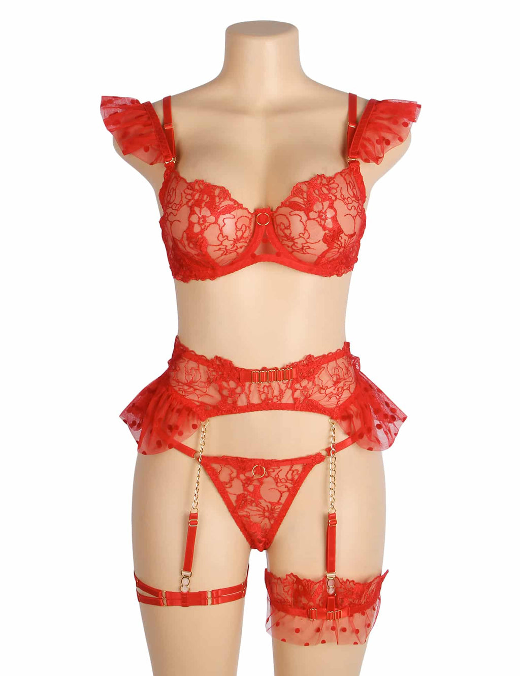 Red lace lingerie set on a mannequin against a white background