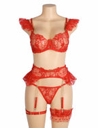 Red lace lingerie set on a mannequin against a white background