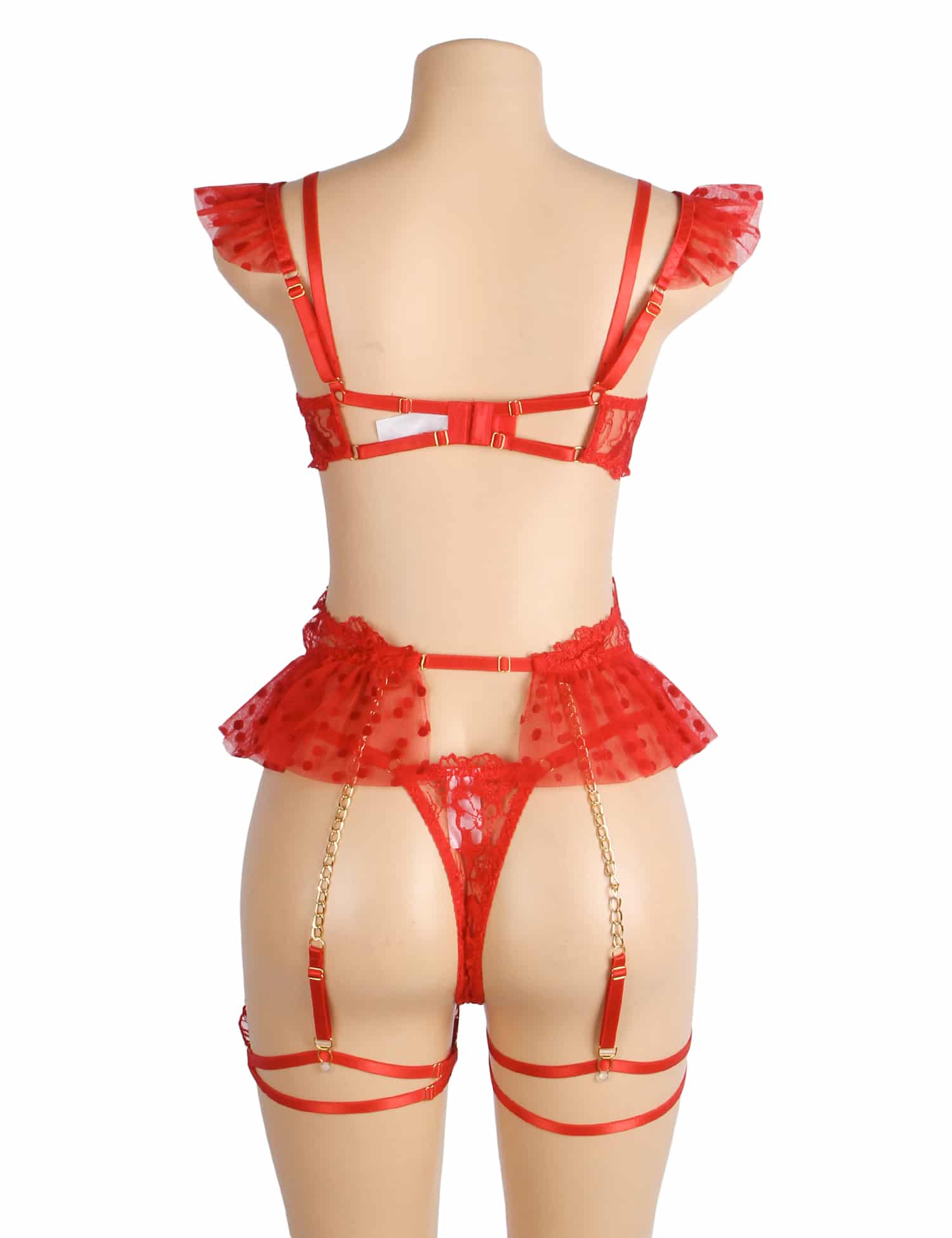 Red lingerie set on a mannequin against a white background