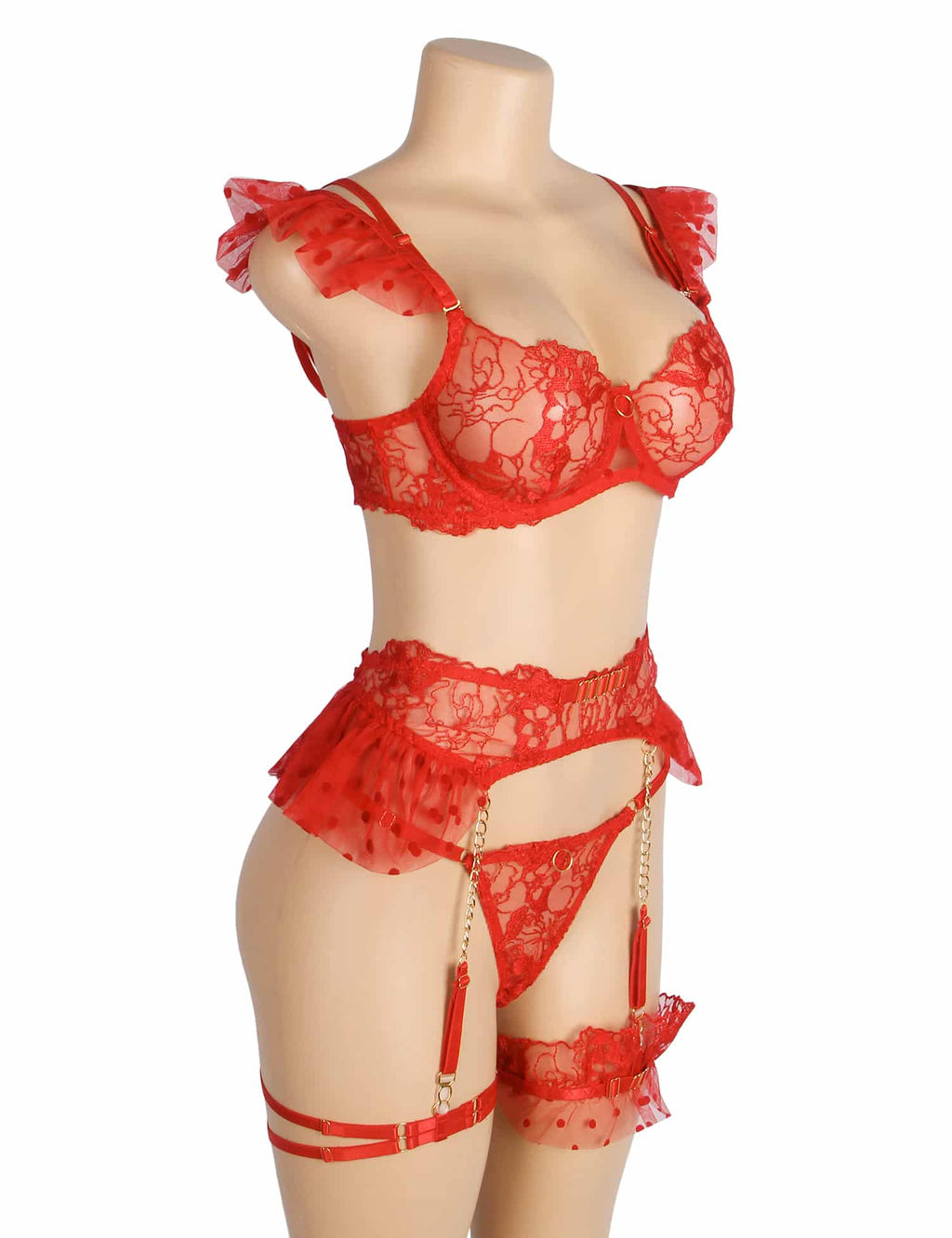 Red lace lingerie set on a mannequin against a white background